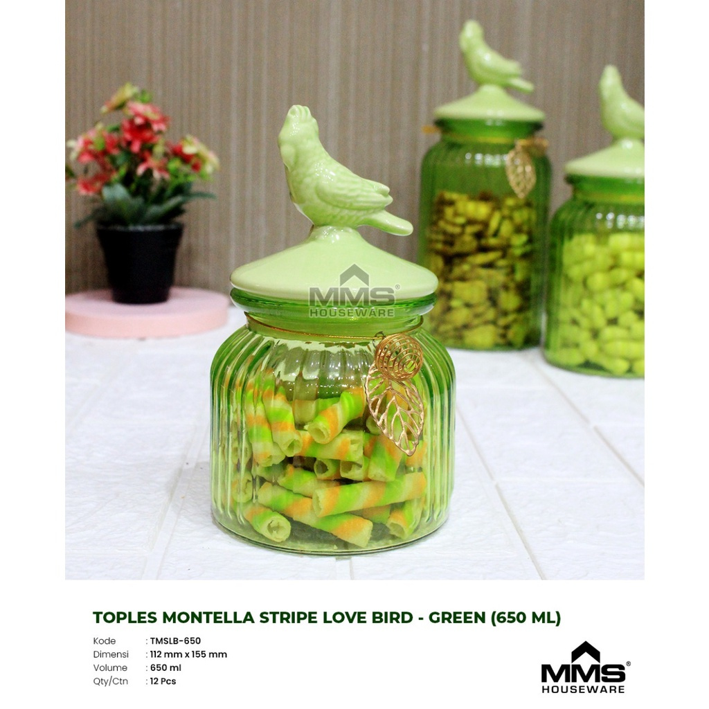Toples Montella Stripe Love Bird GRN 650ml | Tempat Penyimpanan Makanan Kaca HIJAU MMS