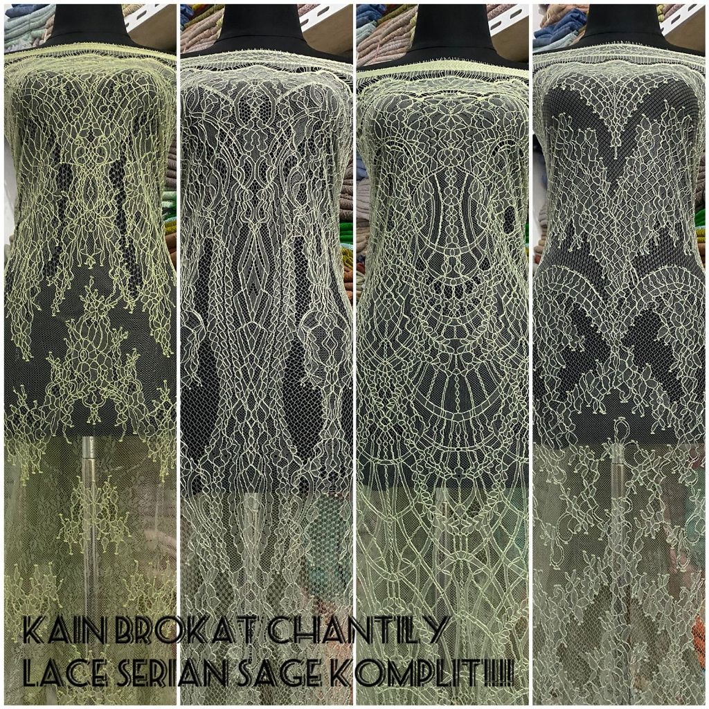 KAIN BROKAT CHANTILY NEW PREMIUM LACE SERIAN SAGE GREEN KOMPLIT,KAIN LACE PANEL,BROKAT SANTILY KEBAY