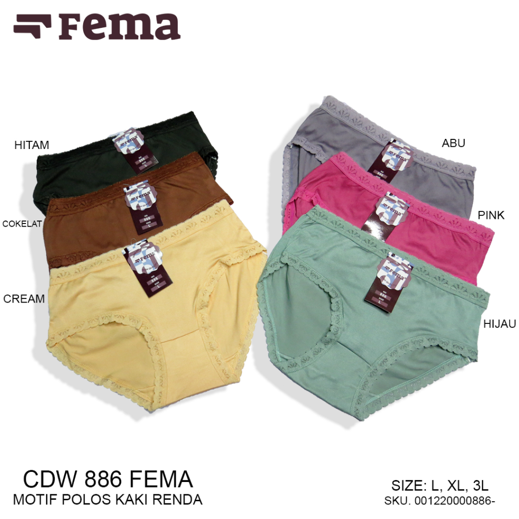 FEMA Official Shop 3,6,12 pcs CD Wanita 886 Pinggang Paha Renda Bahan Nylon Spandex