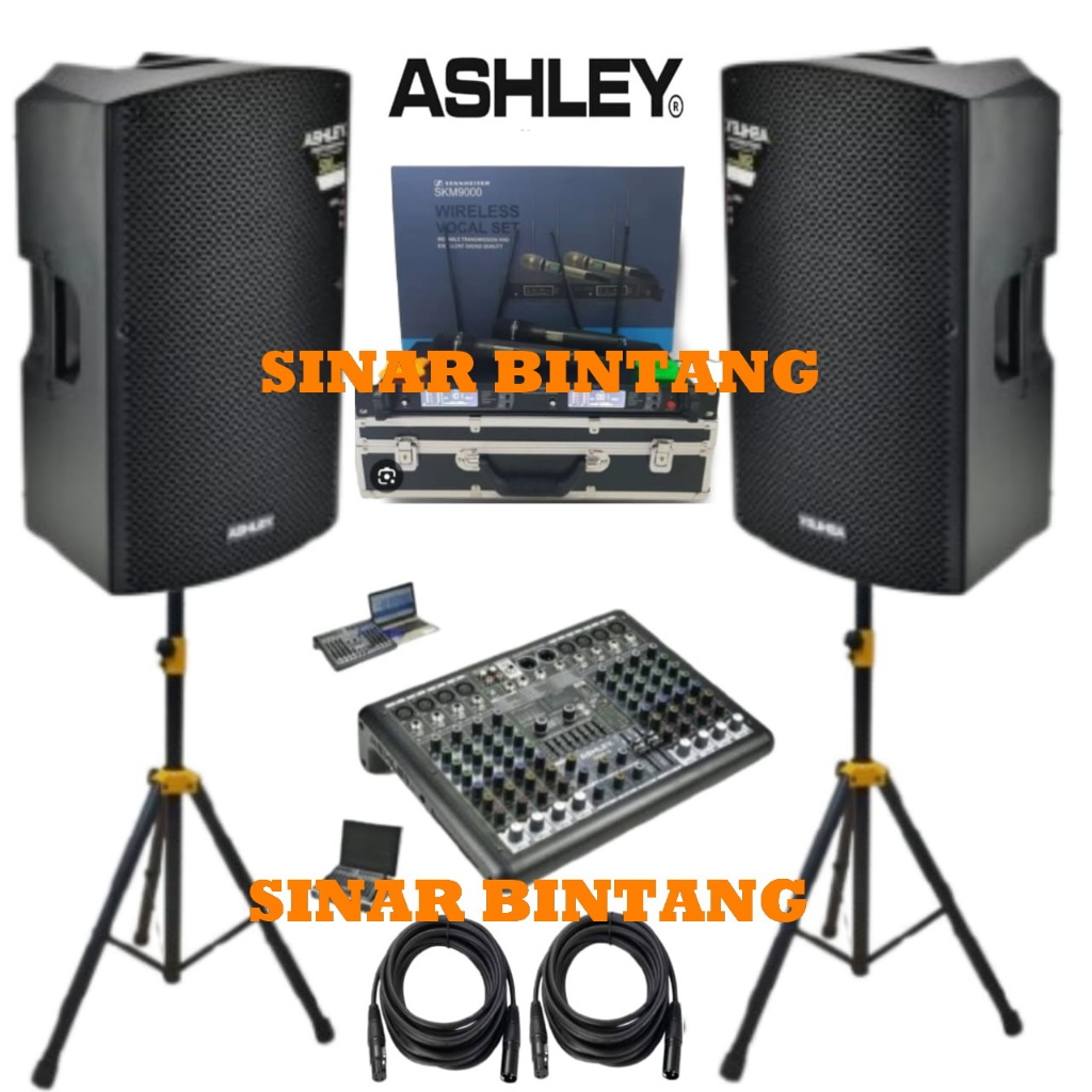 Paket Sound System Ashley AR500 15 Inch 500 Watt Komplit Mixer Ashley SMR8 8 channel Dan Mic Wireles