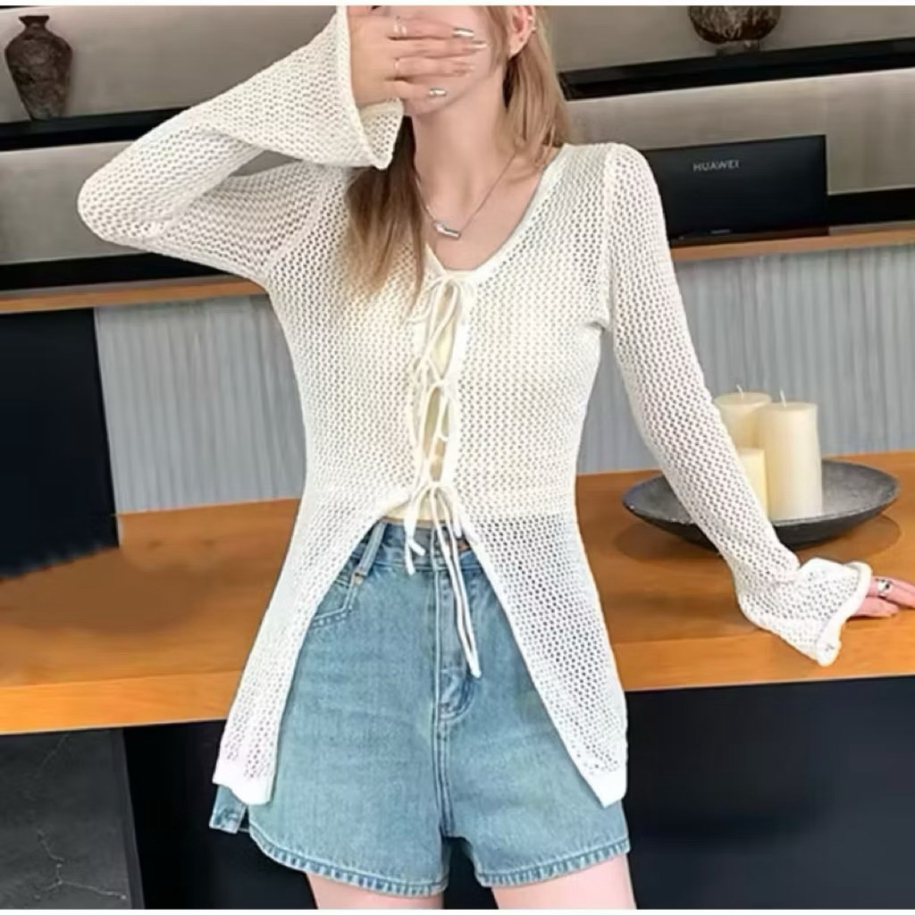 Cardigan Aurora Tali Jaring Rajut Knitwear Premium - Kardigan Outer Wanita Lengan Panjang Remaja