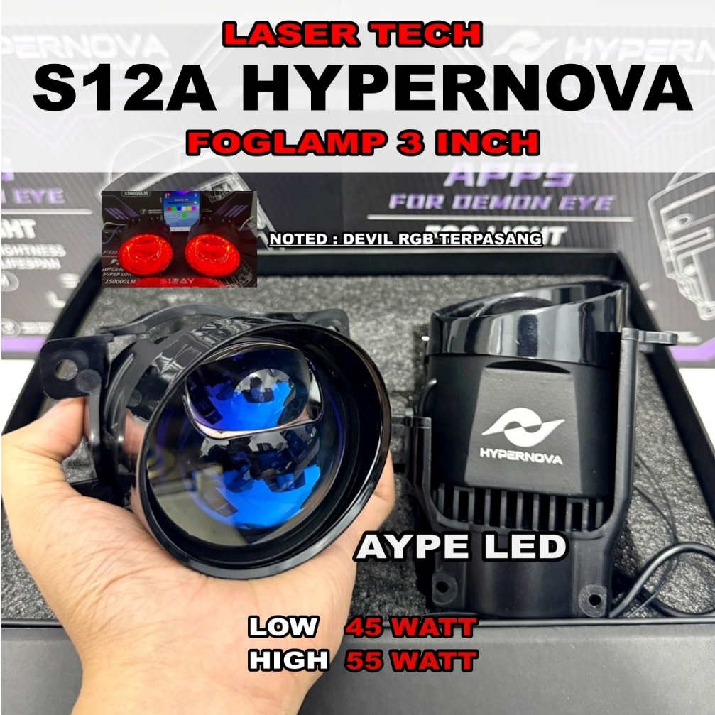 Foglamp Biled 3 inch Bluelens HYPERNOVA S12 Laser 3 Warna Cahaya Foglamp Mobil 80 Watt Universal