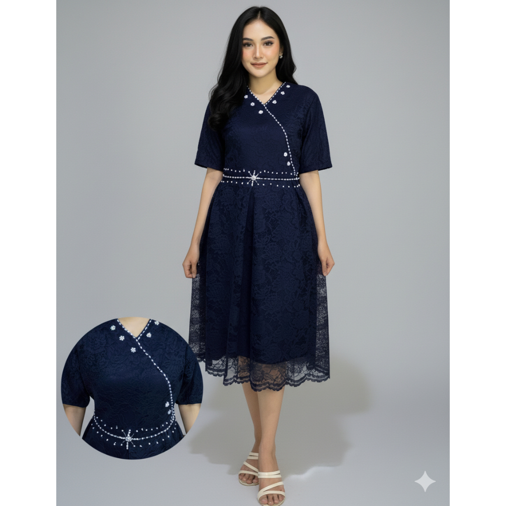 DRESS NATAL MIDI WANITA REMAJA DRESS BRUKAT LENGAN PENDEK DRESS PAYET PANJANG 110CM BAJU NATAL