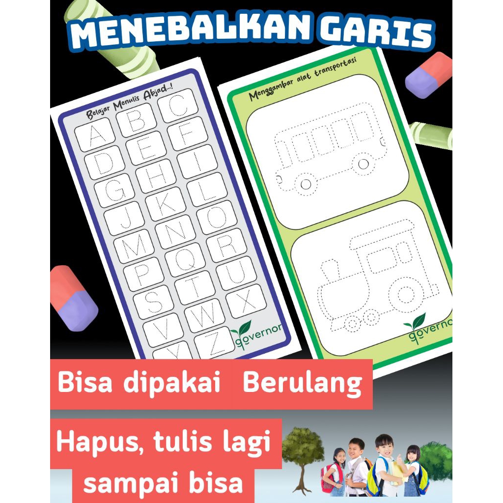 KARTU BELAJAR MENULIS MENGGAMBAR mewarnai angka dan huruf anak umur 3 4 5 tahun PAUD Pra-TK SD Wipe 