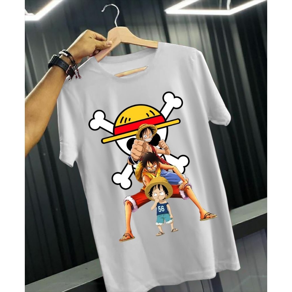 kaos distro cowok lengan pendek size jumbo gambar sablon onepiece Luffy tulang keren murah