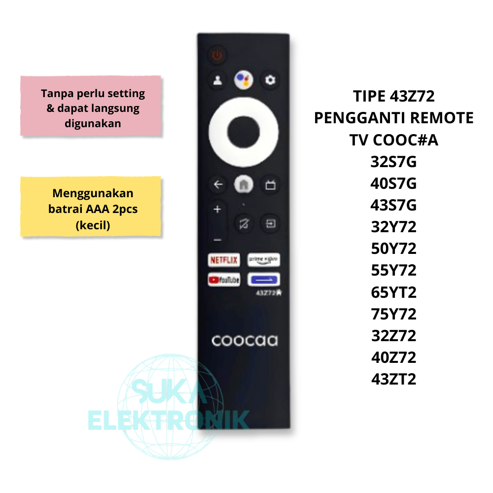 Suka Elektronik Remote TV / Suitable For Coocaa Android Smart LED LCD 43Z72 S7G Z72 Y72 COOCAA IR NO