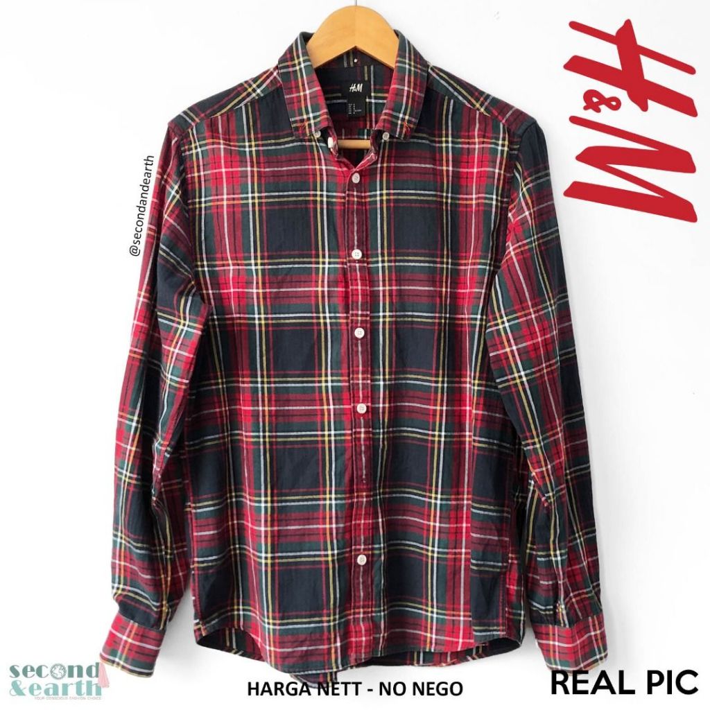 H&M Kemeja Flanel Plaid Lengan Panjang [M fits S-L] Merah Biru Kotak Atasan Kerja Wanita Outer Korea