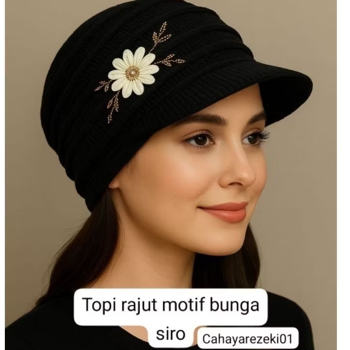 Ciput Rajut Turban Pet Bunga Siro | Inner Topi Rajut | Ciput Nenek / Muslimah