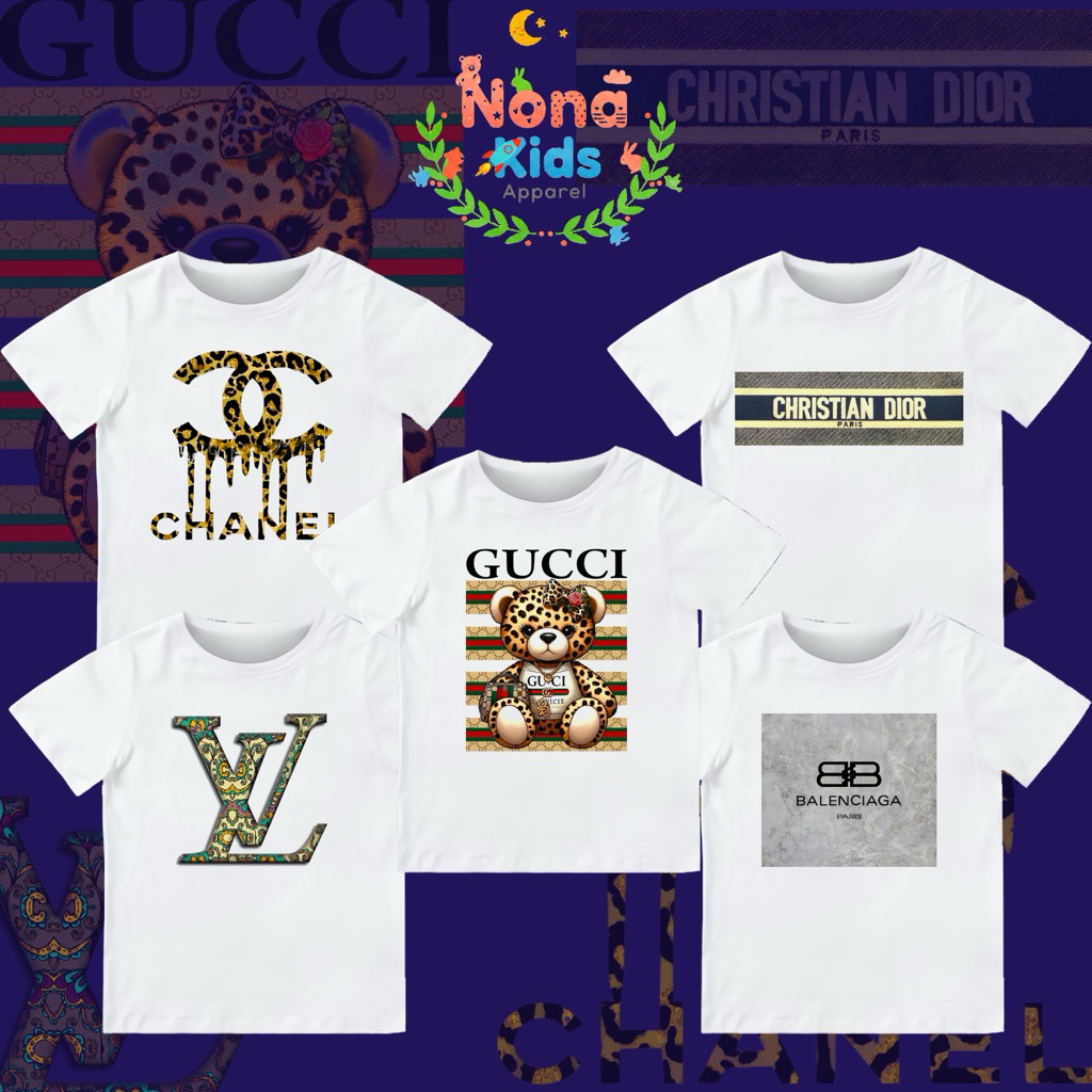 Kaos Anak Motif CHANEL, LV, DIOR, GUCCI, BALENCIAGA, HERMES untuk usia 1-12 Tahun Laki-laki dan pere