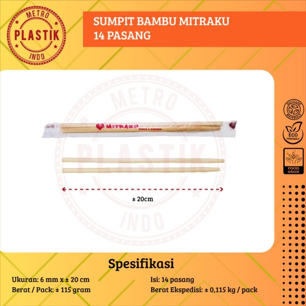 Sumpit Bambu Higienis Isi 14 Pasang / Sumpit Mitraku 6mm x 20cm / Sumpit Bambu Sekali Pakai