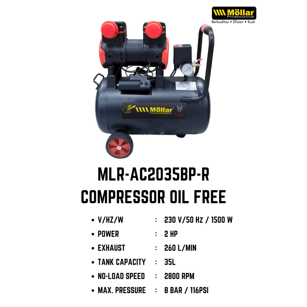 MOLLAR kompresor 2 Hp 35 liter black panther kompresor silent oiless 2 pk air compressor