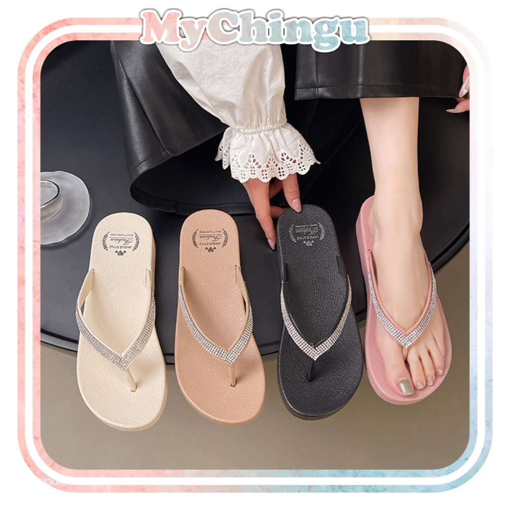 ❀ Chingu ❀ SA056 Sandal Wanita Tali Glitter Model Baru Fashion Kasual Simple Sendal Wanita Glitter B