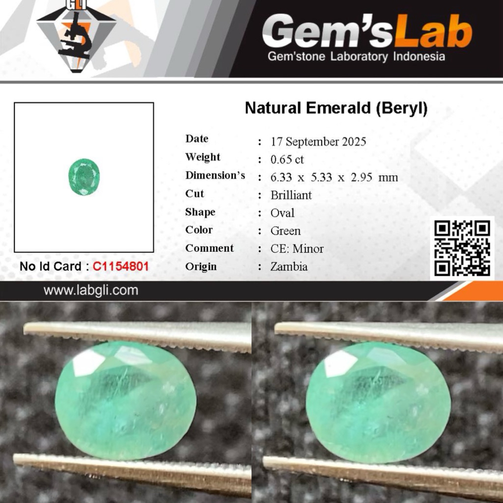 0,65 cts Natural Emerald Beryl / Zamrud origin Zambia Ce Minor Memo GLI
