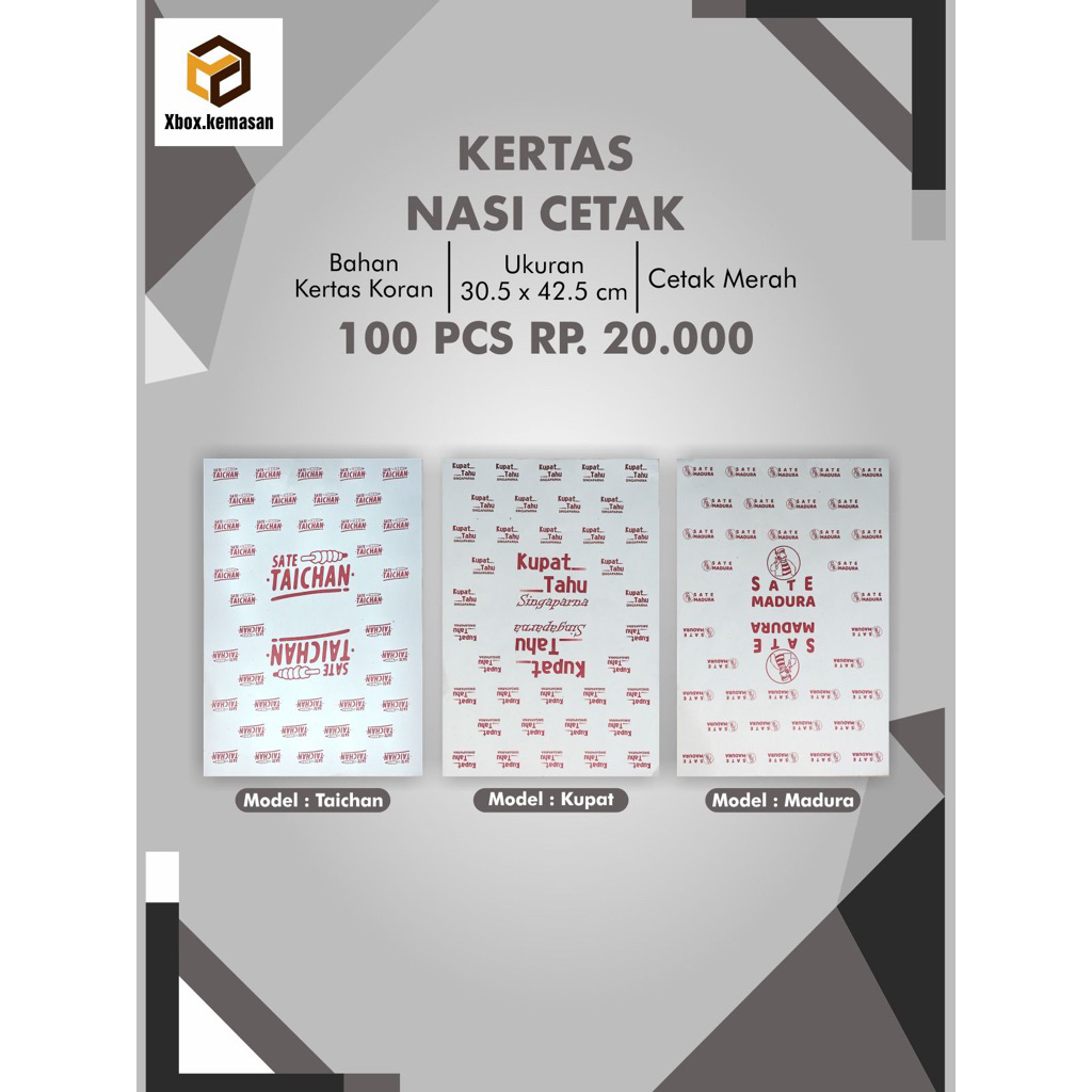 kertas nasi cetak | 100 lembar | kertas makanan | kertas bungkus kupat tahu | xbox_bdg