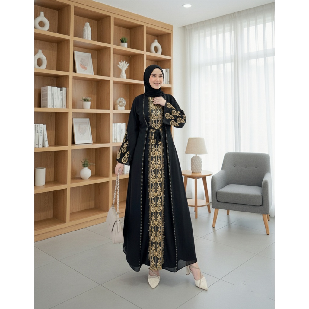 Abaya Hitam Bordir Emas Elegan – Gamis Muslimah Premium Fashion Wanita Syari