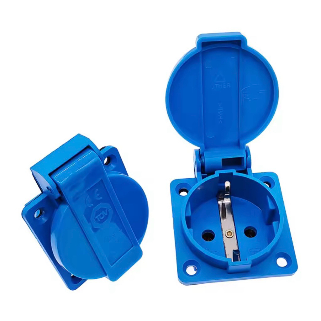 Soket Panel Listrik Biru Dengan Tutup Stop Kontak Tahan Air Untuk Box Panel atau Mesin