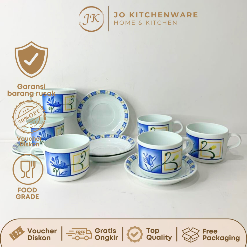 SET 6 PCS Cangkir Lepek Melamin Bunga Biru  / Cup & Saucer teh / Cangkir lepek melamin 6412