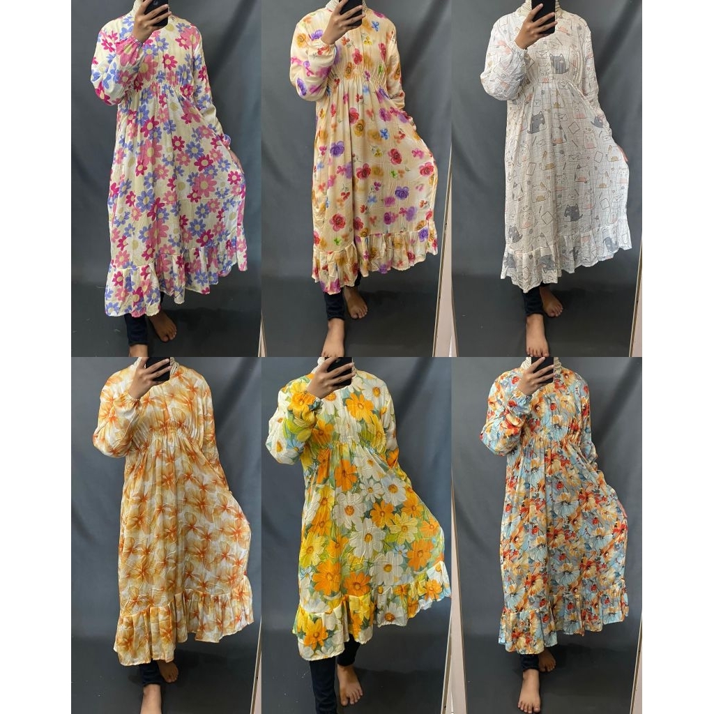 Daster lengan panjang serut dada bahan rayon premium grade A | Busui | lengan karet | bawah ruffle