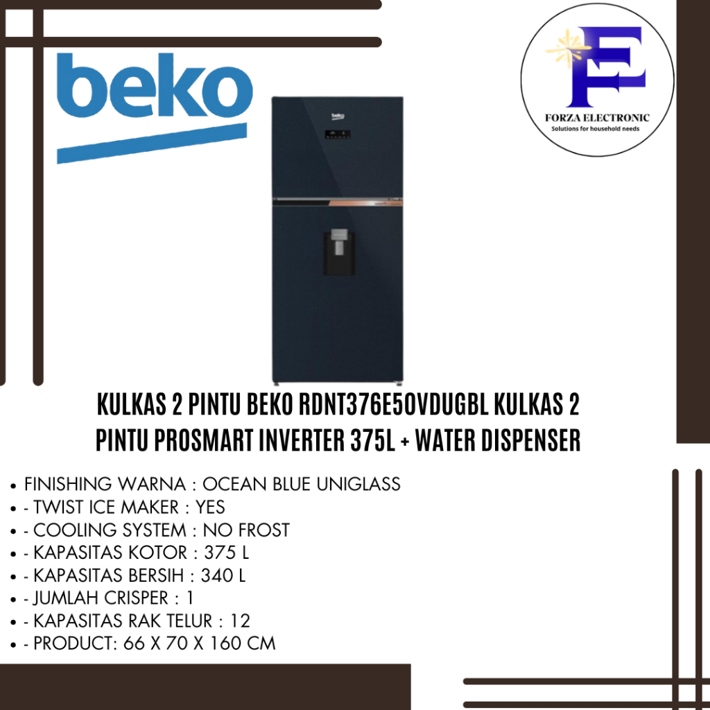 Beko RDNT376E50VDUGBL Kulkas 2 Pintu ProSmart Inverter 375L | Dual Cooling - Water Dispenser Premium