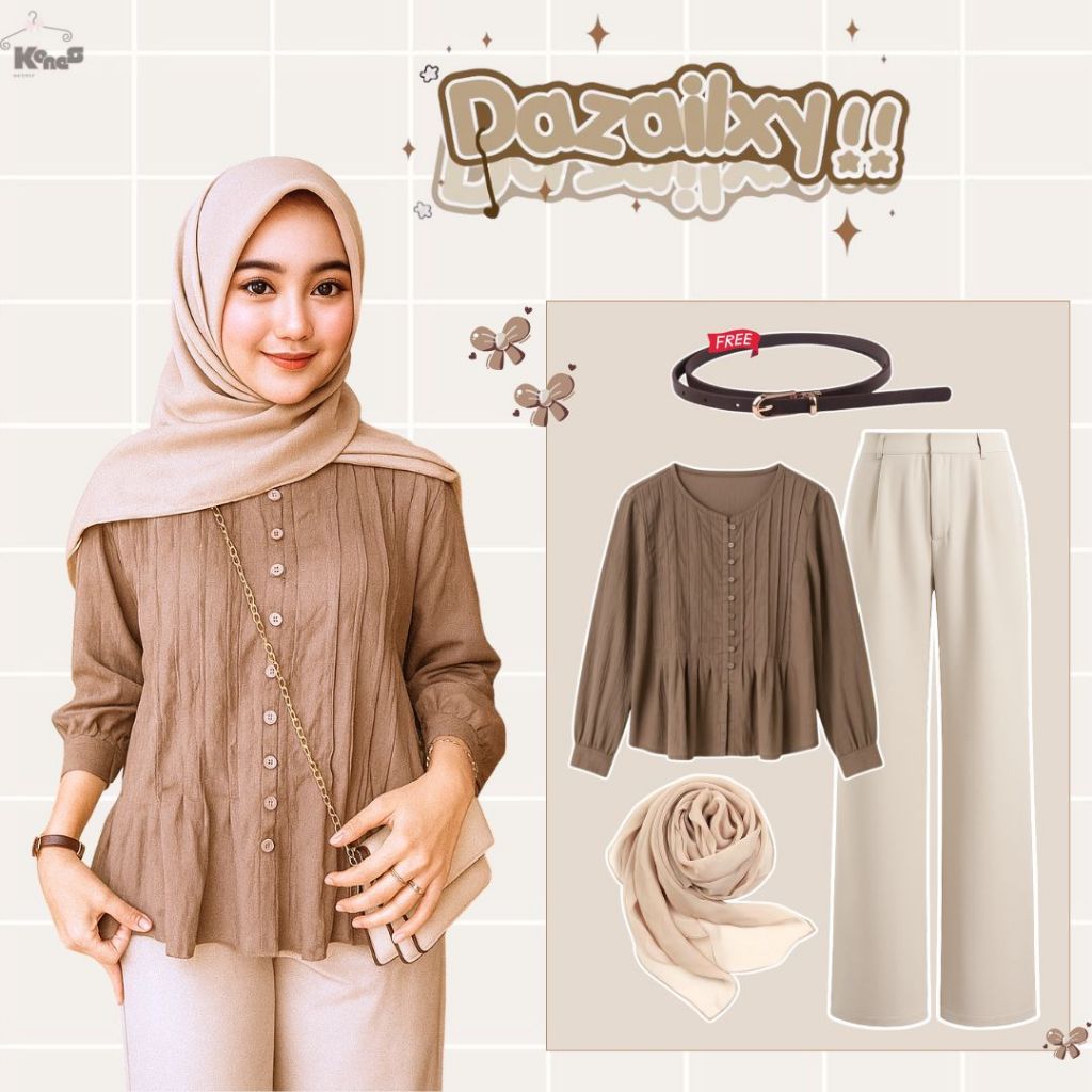 One Set Setelan Wanita Kekinian (Blouse Tiffany - Celana Kulot - Jilbab ) OOTD Outfit Cewek - KN35