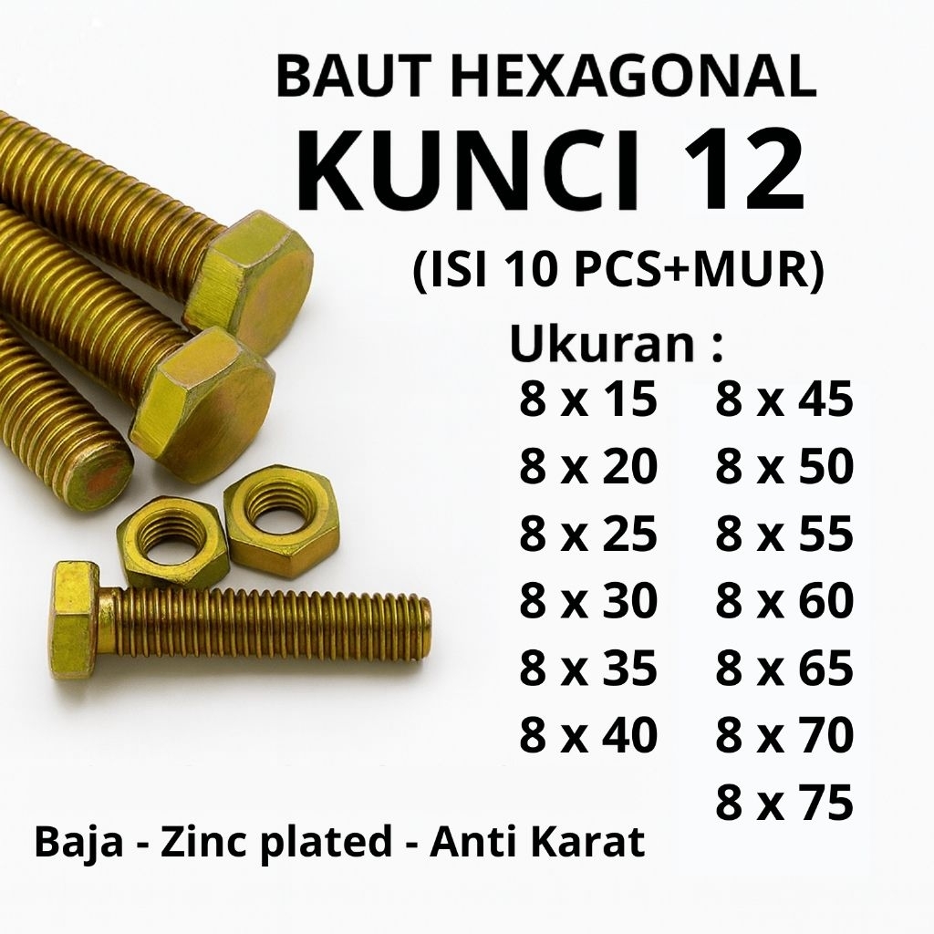 Baut Hex M8 kunci 12 Kuning Panjang 15 - 75 mm