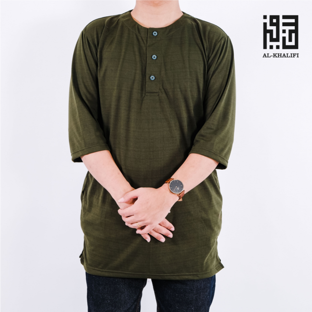 AL-KHALIFI - Kurta Pakistan Bahan Kaos Lengan 3/4 Baju Koko Premium - Hijau Army