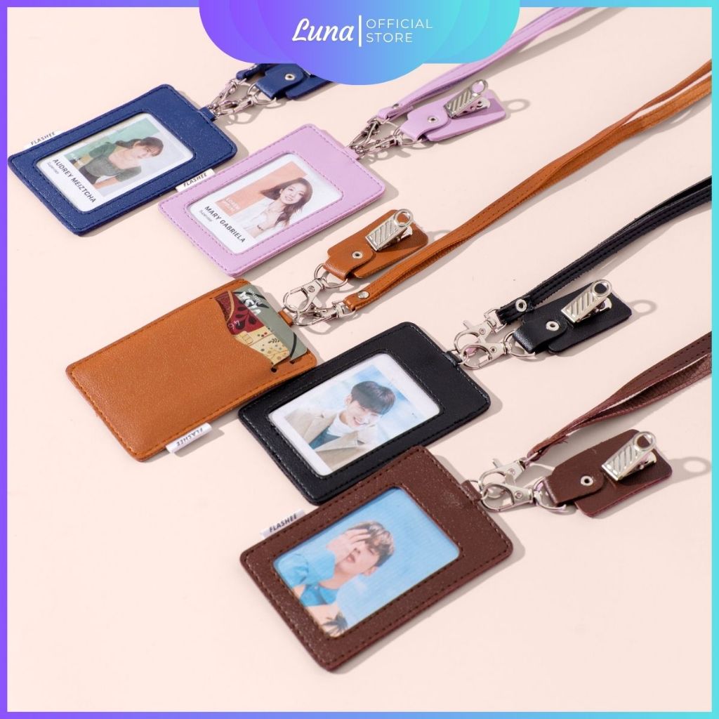 Luna ID Card Holder Oscar Lanyard Kulit Tali Dan Penjepit Name Tag Jepit ID Card Multifungsi