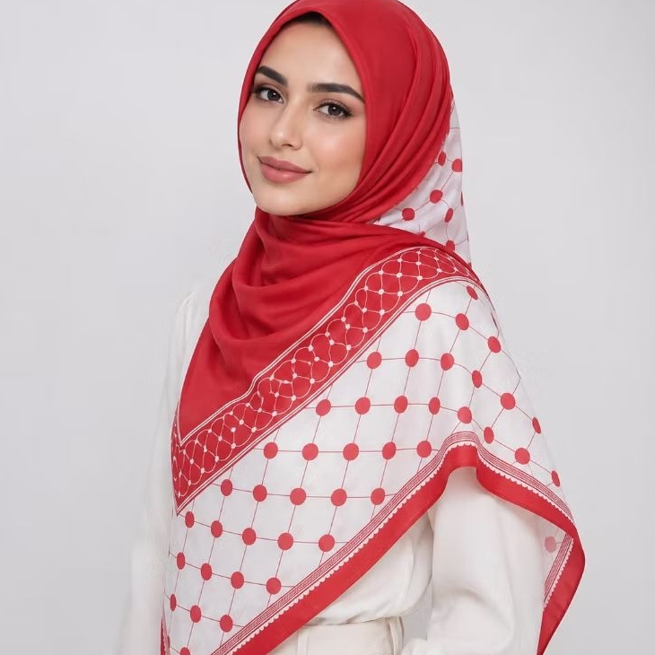 Hijab Segi Empat Motif Merah Putih Kerudung Kemerdekaan Jilbab Premium 130X130 Syar'i Jumbo Lembut