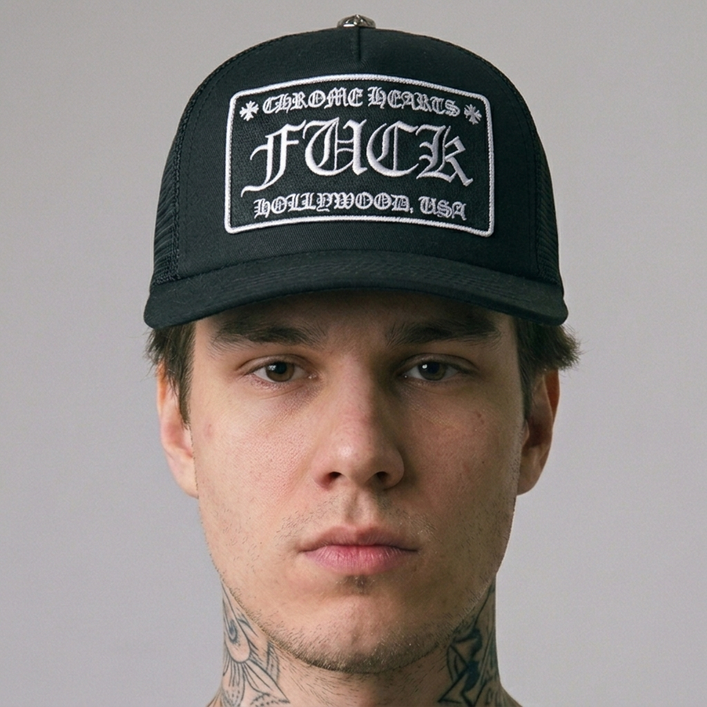 CHROME HEARTS B&W FXCK CURVED Embos 3D Hat - Topi Trucker Pria Premium  | Topi Jaring Nyaman Dipakai