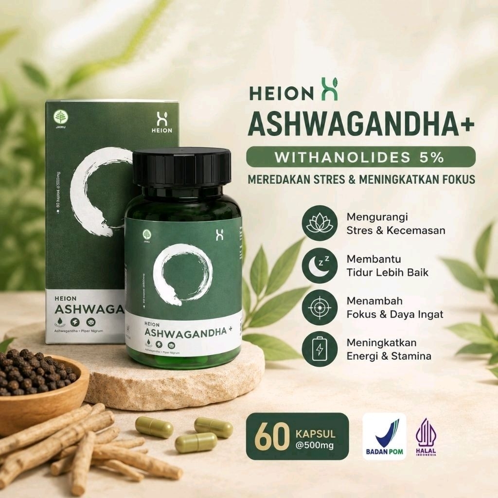 HEION Ashwagandha+ 60 Kapsul SUPLEMENT KESEHATAN ASHWAGANDA EXTRACT @500mg BPOM by HEION OFFICIAL