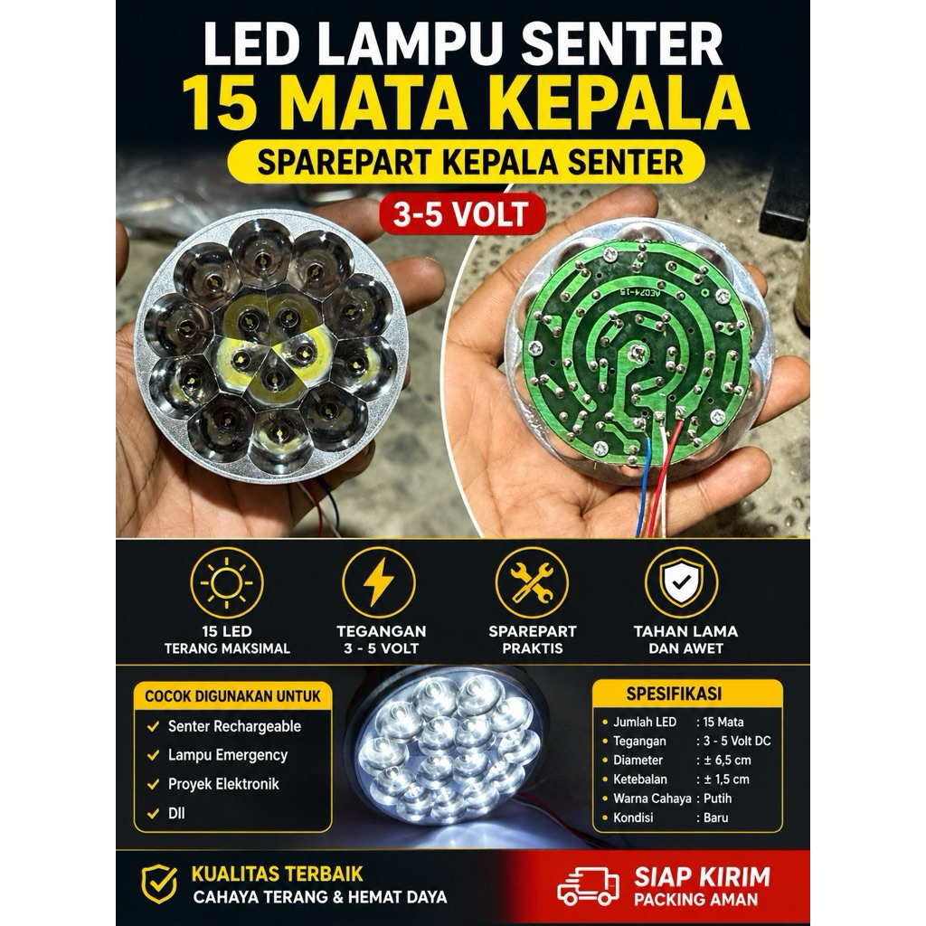 LED Lampu Senter 15 Mata Kepala Senter Sparepart Kepala Senter 3-5 Volt Lampu Emergency LED Putih Te