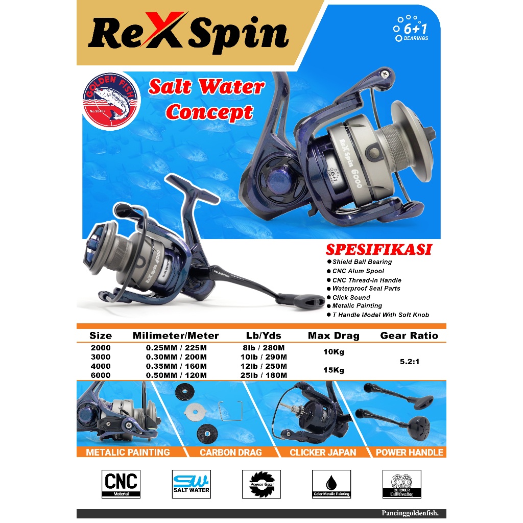 Reel Pancing Power Handle GOLDENFISH REX SPIN , SALT WATER, 6+1 Bearing Shield,Warna Biru Metalic