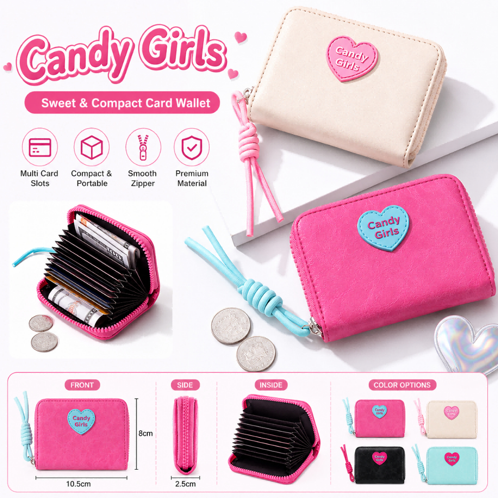Dompet Mini Wanita Candy Color | Dompet Kartu & Koin Resleting | Card Holder PU Premium Lucu Hadiah 