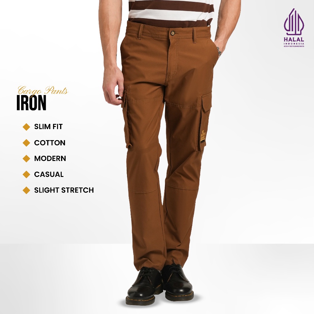 Emba Classic - Iron Celana Panjang Pria Cargo Warna Dark Brown