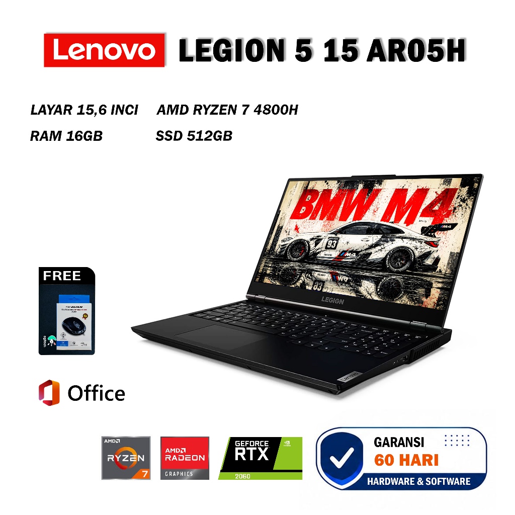 LENOVO LEGION 5 15 ARH05H RYZEN 7 4800H NVIDIA RTX 2060 RAM 16GB SSD 512GB NVME