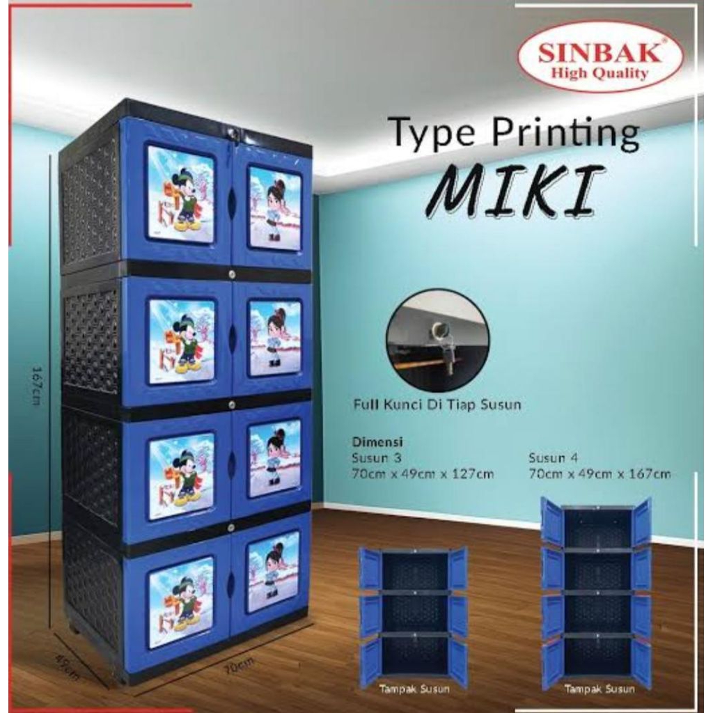 Lemari Sinbak Printing Susun 3 tanpa kaca motif MIKI ready biru