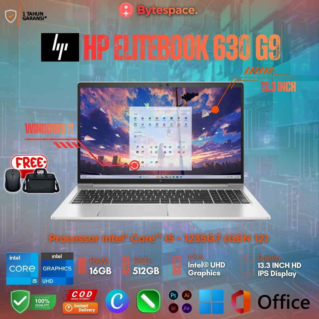 HP ELITEBOOK 630 G9 INTEL CORE I5 1235G7 (GEN 12) RAM 16GB SSD 512GB LAPTOP SECOND ORIGINAL MURAH