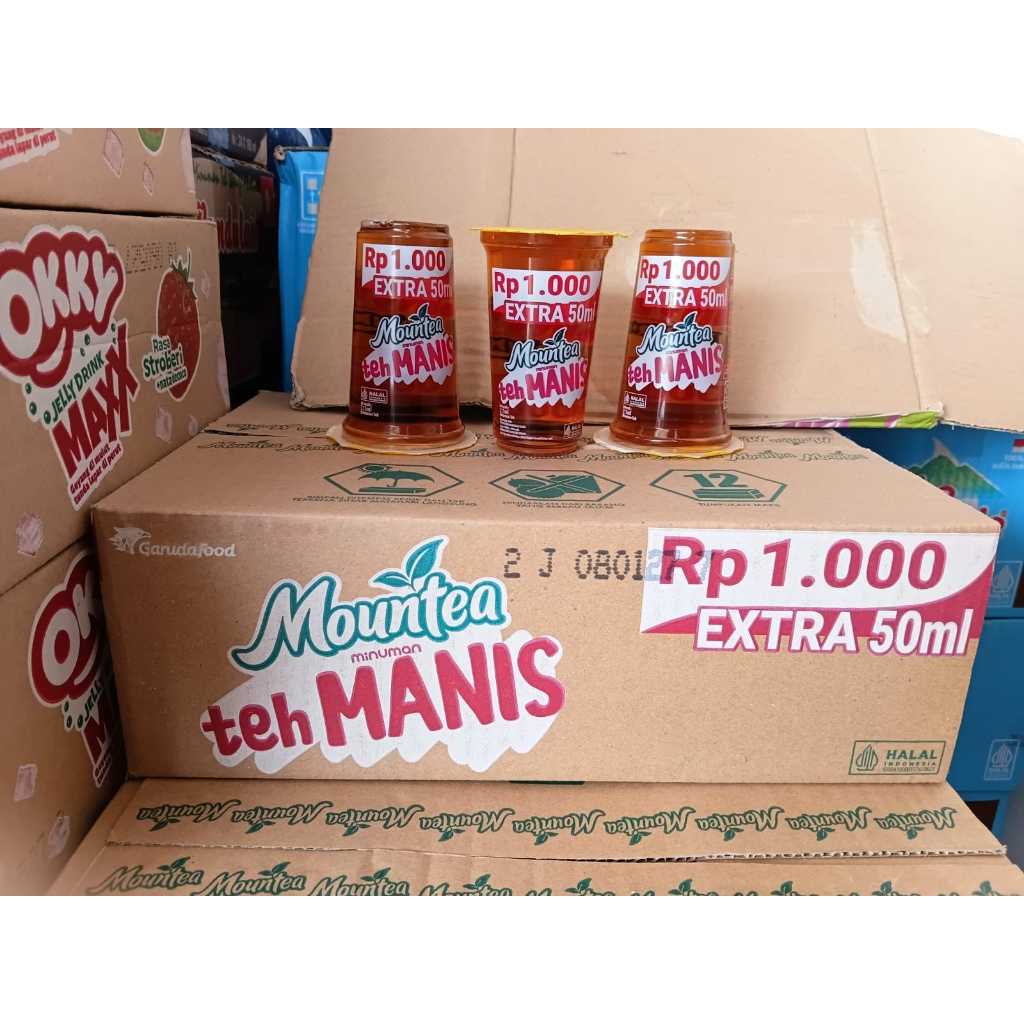 MOUNTEA BIG teh manis original kemasan gelas 215 ml per karton isi 24 gelas