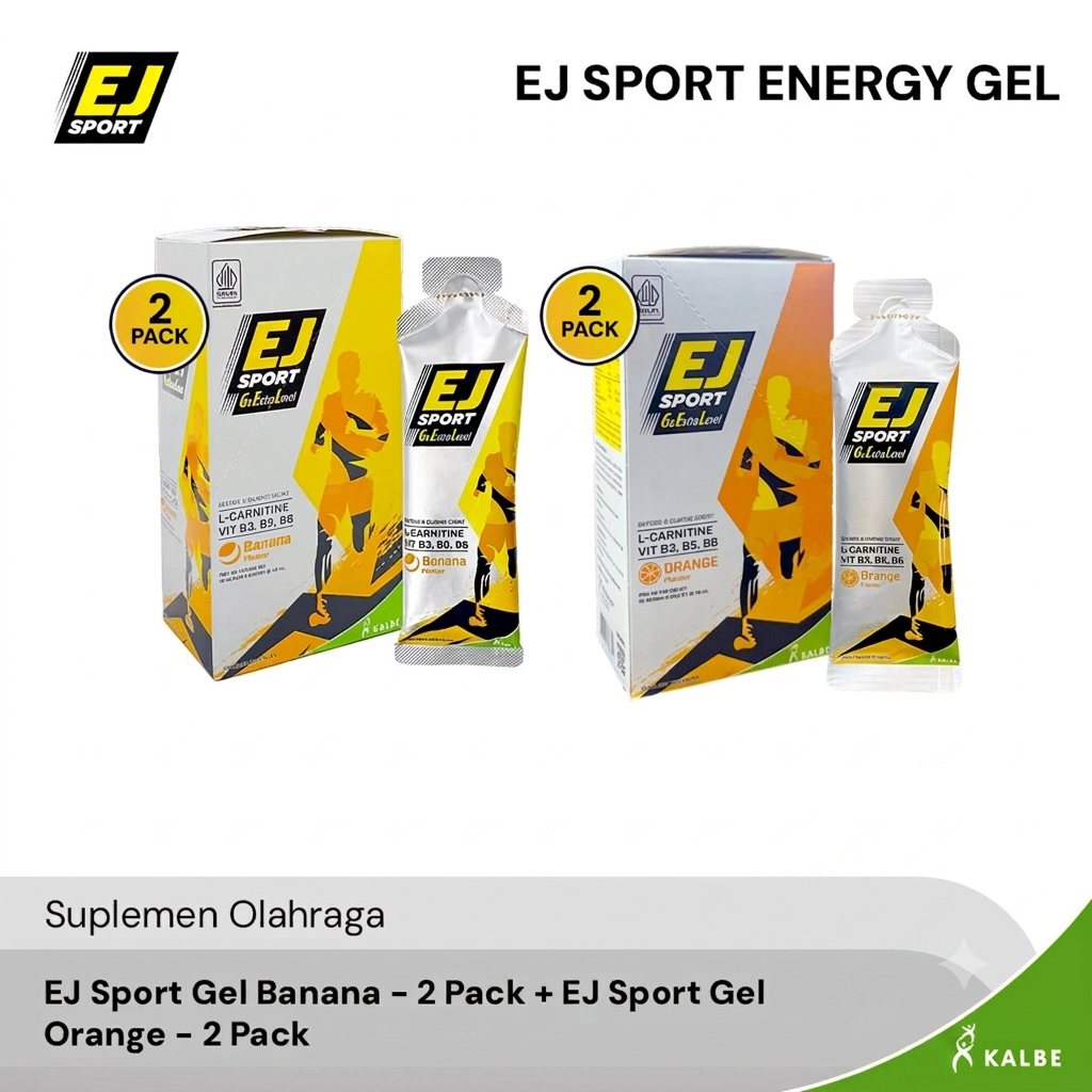 EJ Sport Banana 2 Pack + EJ Sport Orange 2 Pack | Suplemen Lari & Olahraga, Gel Energi dengan L-Carn