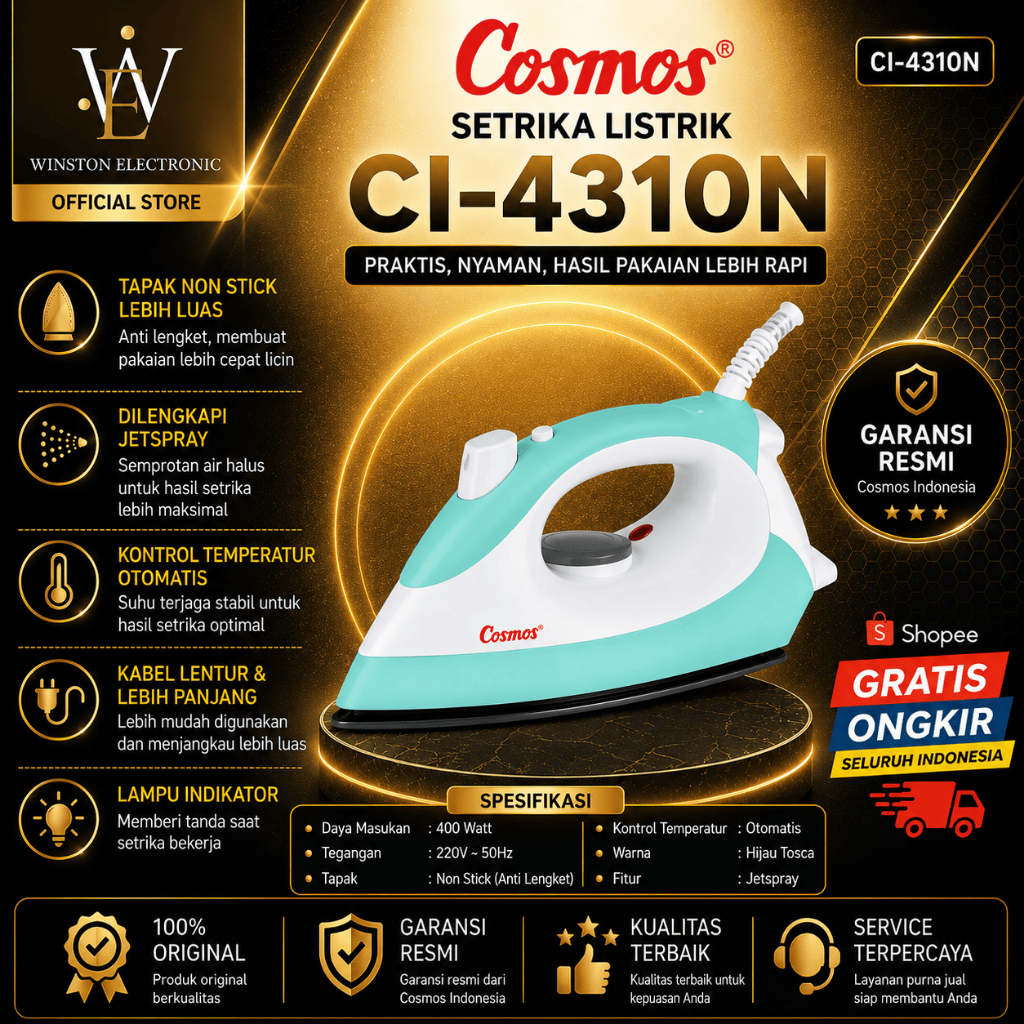 COSMOS SETRIKS LISTRIK/CI-4310-N/CI 4310 N/CI-4310N/CI 4310N/SETRIKA ANTI LENGKET MURAH ORI GARANSI