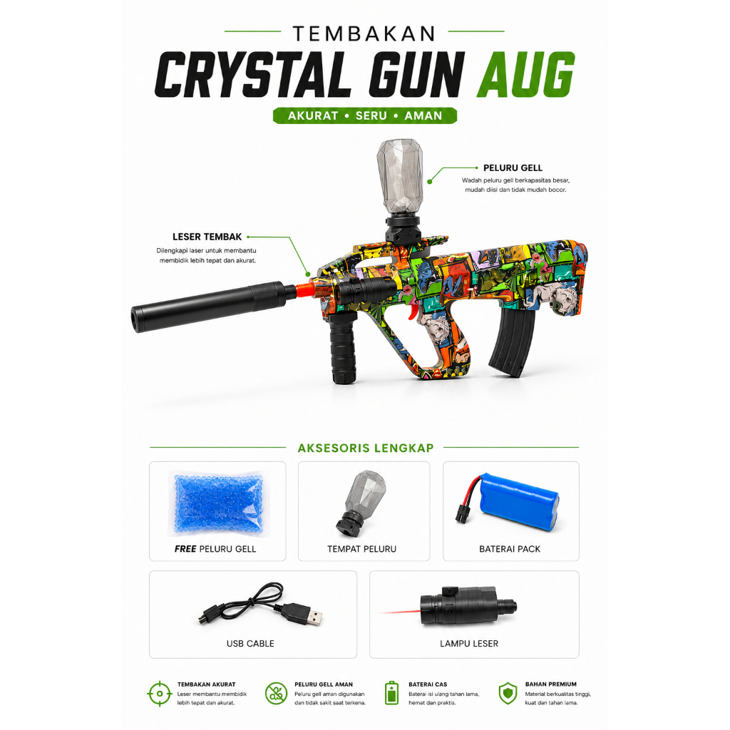 Tembakan Mainan AUG Gel Blaster Karakter Grafiti Elektrik tembakan Air Crystal Water Gun Aman Seru M