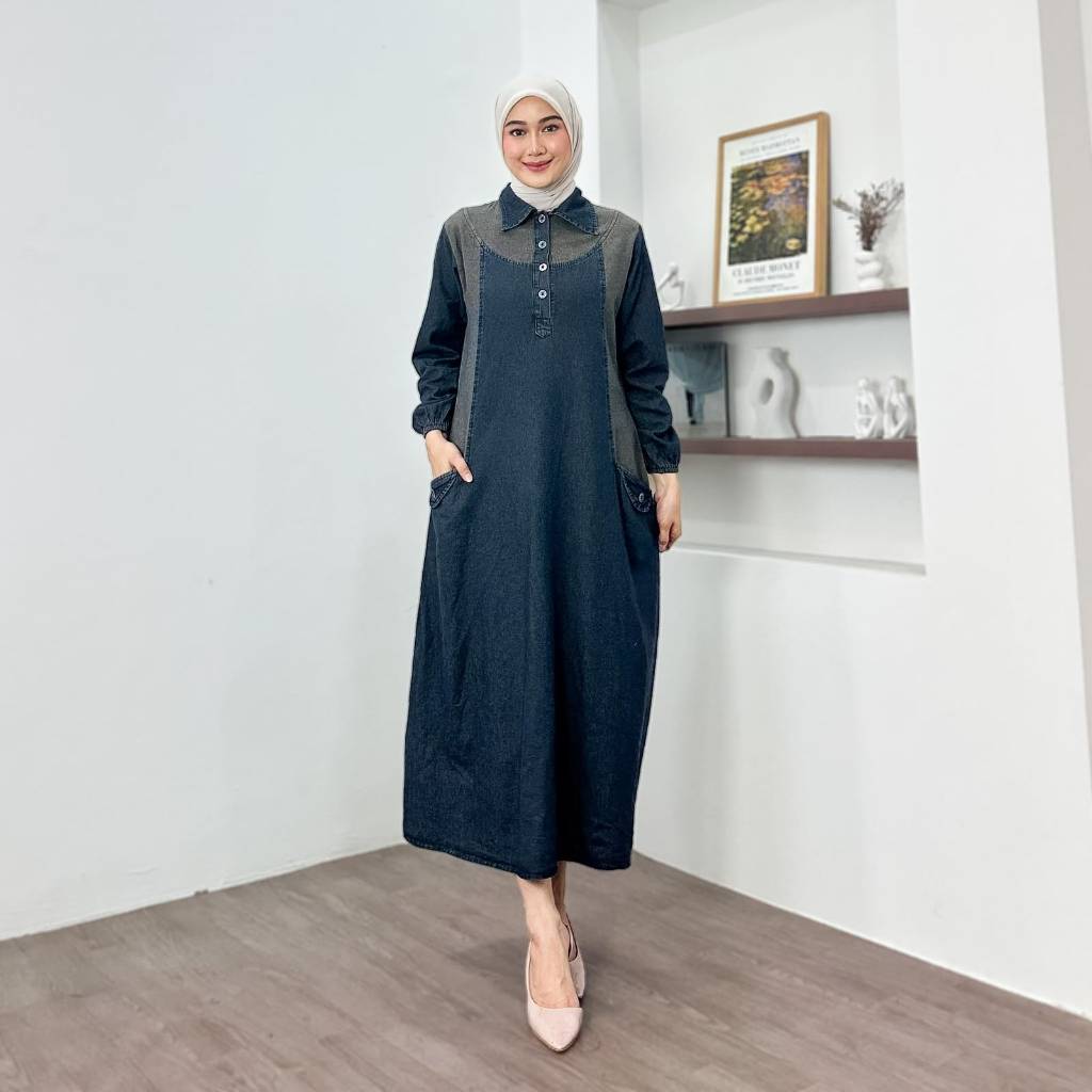 Midi Dres Jeans Nabila Panjang 120 CM Busui Friendly Wanita
