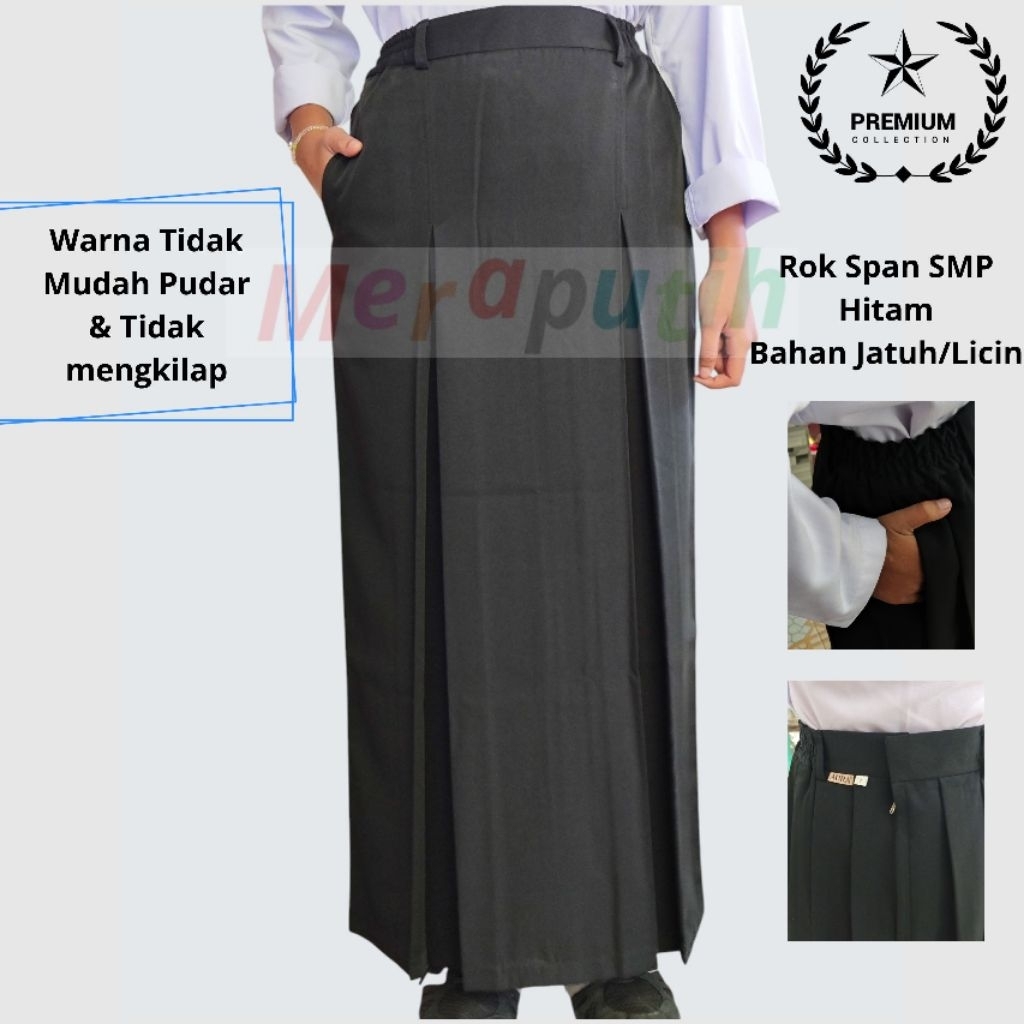 Rok Span SMP Hitam Belah Depan Panjang Bahan Licin/Jatuh