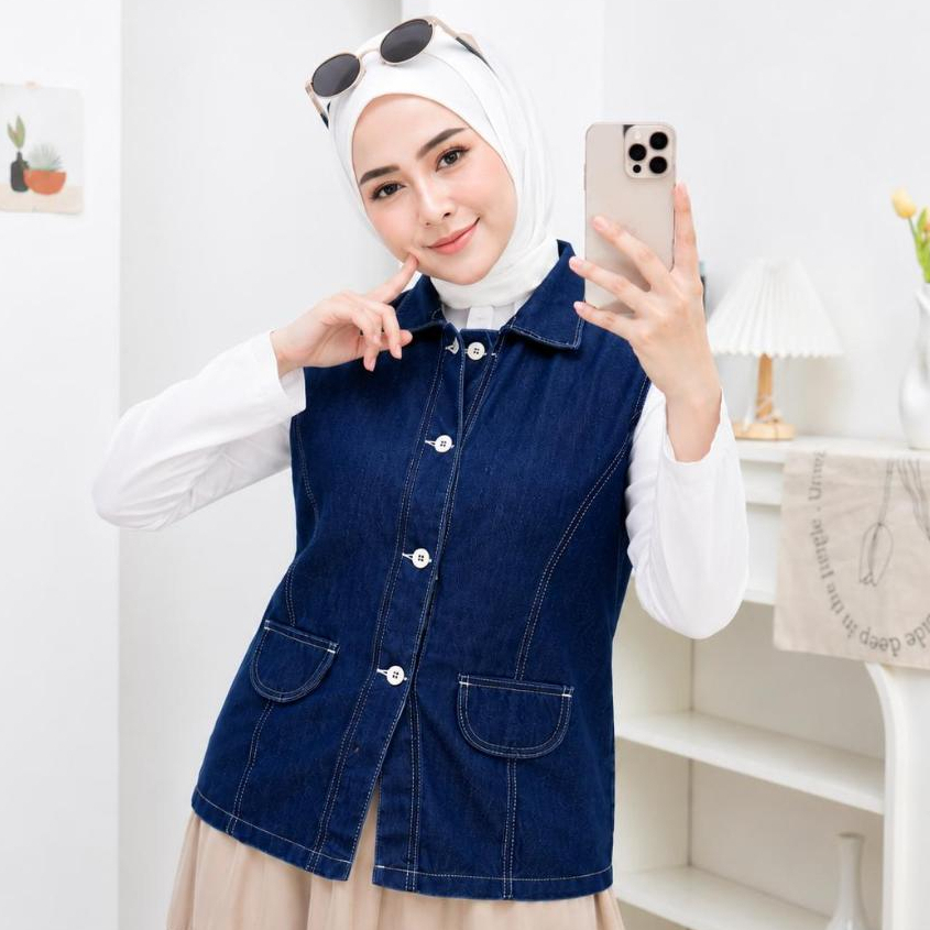 Rompi Jeans Wanita Premium Korean Style | Vest Denim Wanita Trendy | Outer Jeans Casual