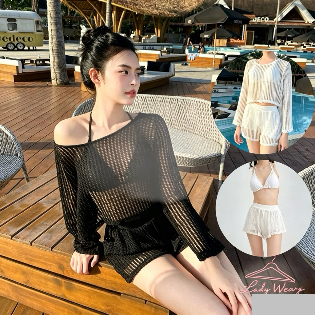 Lady Three Piece Set Bikini Swimwear + Outer Baju Pantai Motif Jaring Sexy Look Beachwear 8329