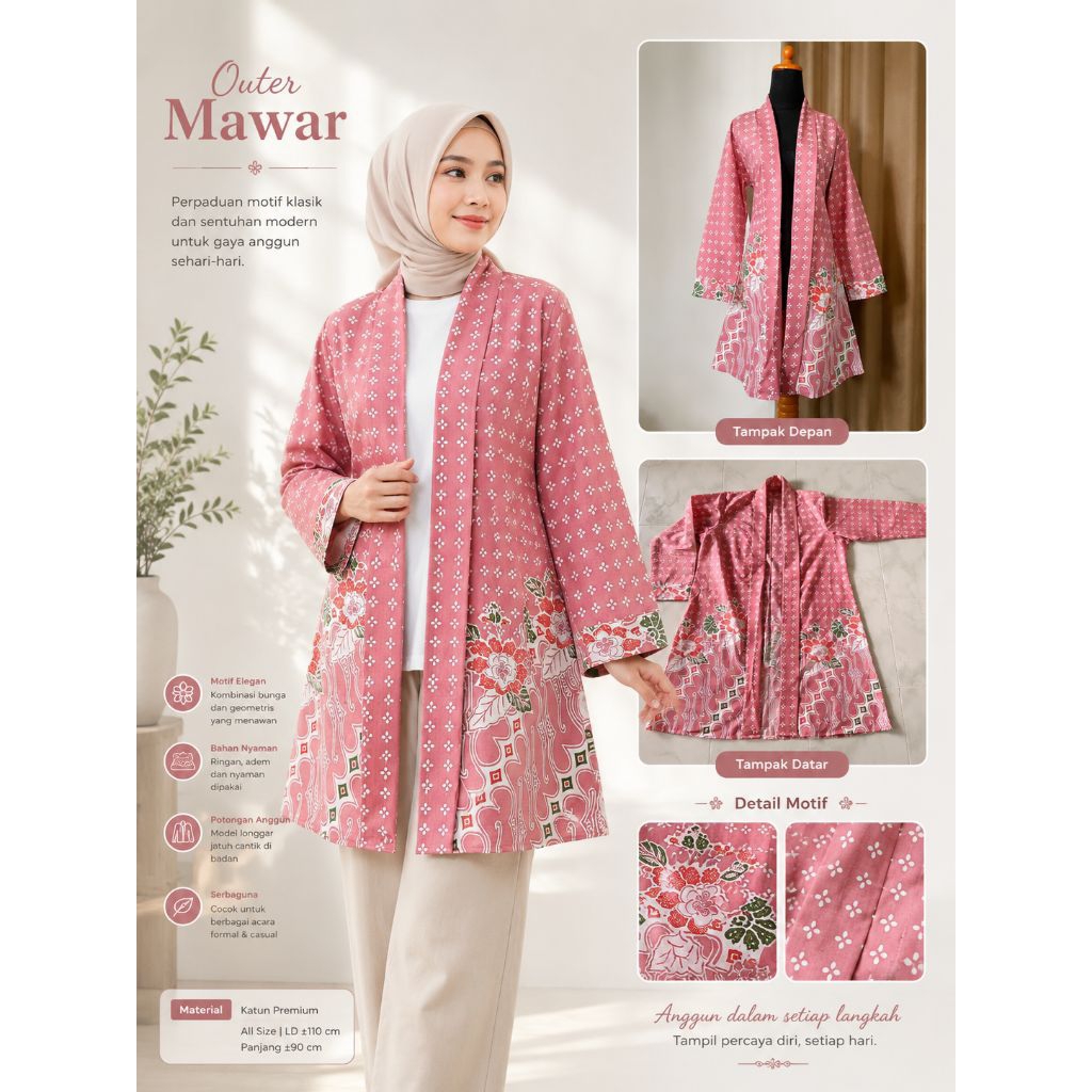 Blazer Batik Wanita Modern Outer Batik Kerja Kantor Lengan Panjang