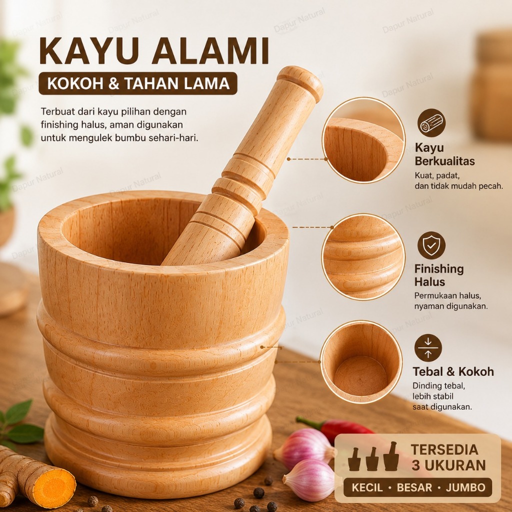 lumpang kayu + alu ( 1 set )  3 ukuran model ukir + alu | alat tumbuh ayam geprek dan bumbu murah