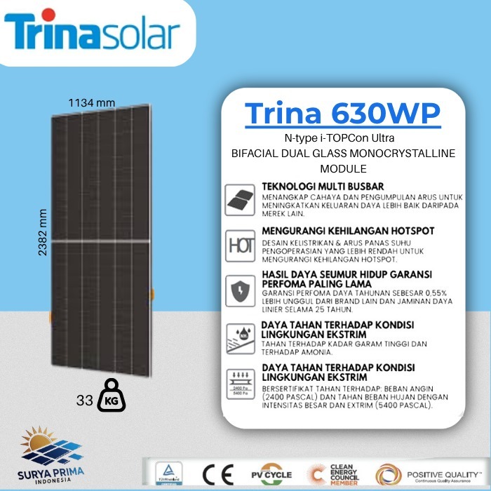 Trina Solar Cell / Panel Surya 620WP-630WP SNI Tier 1 Bukan Jinko Longi [Surya Prima Indonesia]