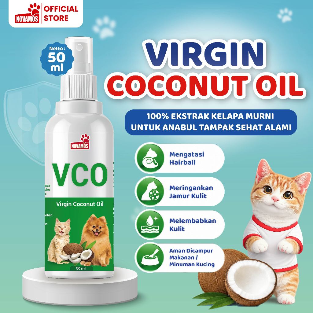 Terlaris NOVAMOS Minyak VCO Kucing VCO Kucing Jamur dan Bulu Rontok Vitamin E untuk Imun, Kesehatan