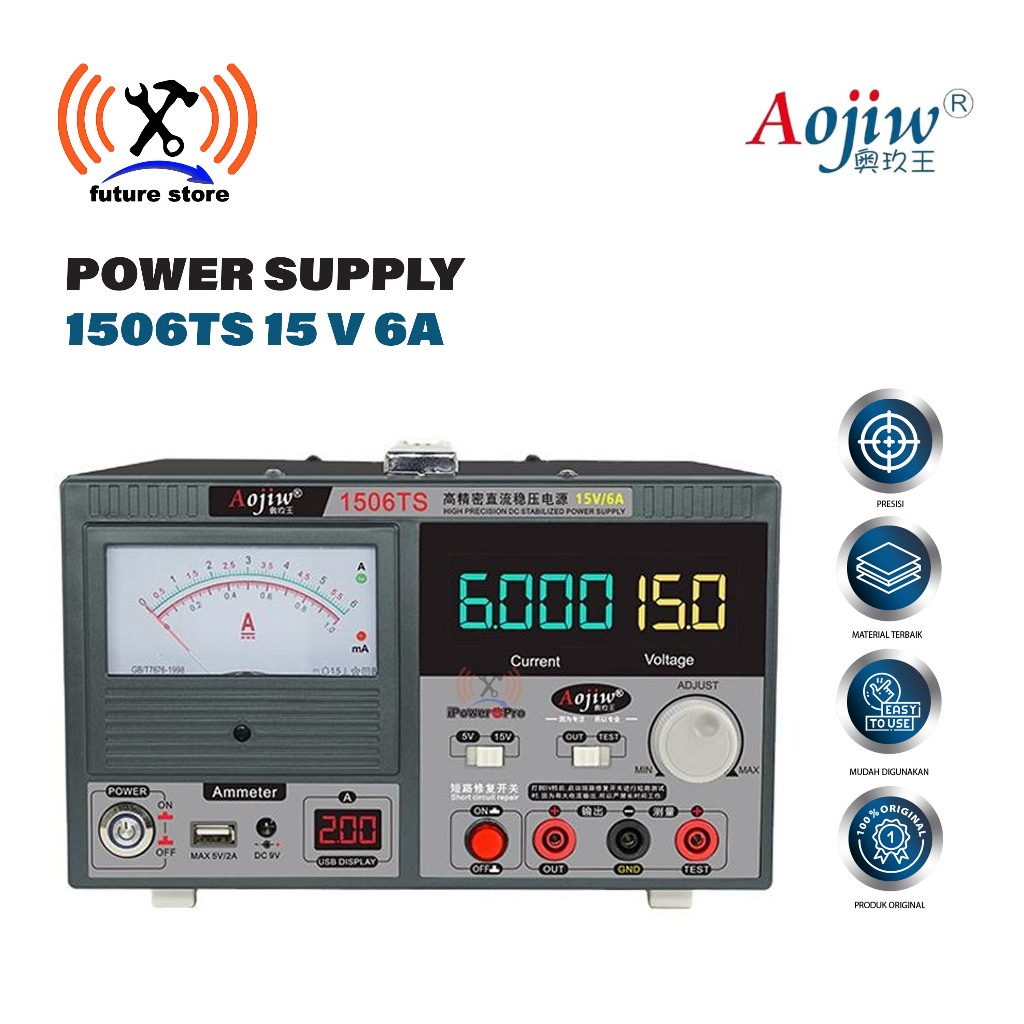 AOJIW POWER SUPPLY 1506TS 15V 6A ORIGINAL - DC REGULATED POWER SUPPLY DIGITAL UNTUK SERVICE HP DAN E